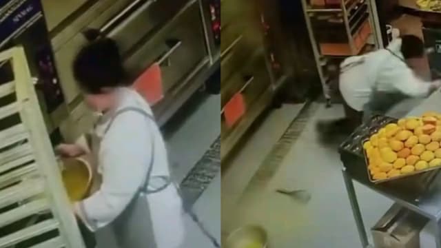 端满盆滚烫黄油放地上瞬间“爆炸”飞溅  山东面包店女工被烫伤