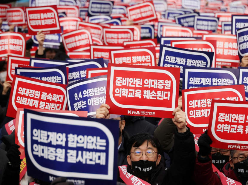 Doctors chant slogans during a rally to protest against government plans to increase medical school admissions in Seoul, South Korea on March 3, 2024. Doctors chant slogans during a rally to protest against government plans to increase medical school admissions in Seoul, South Korea on March 3, 2024.