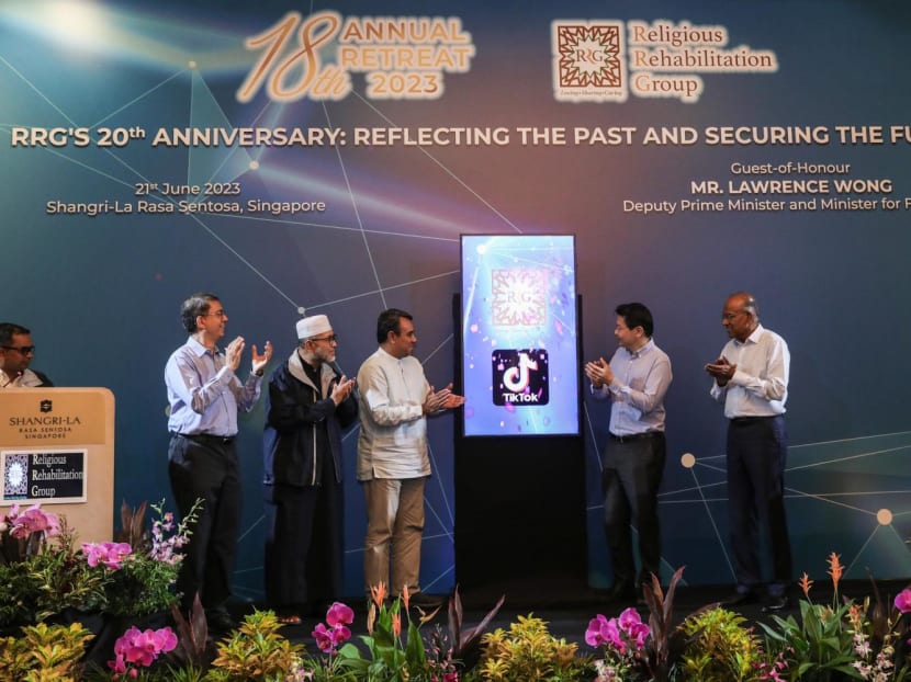 The launch of the Religious Rehabilitation Group's TikTok account during an annual retreat at Shangri-La Rasa Sentosa on June 21, 2023. From left: Minister of State Muhammad Faishal Ibrahim; Ustaz Mohd Hasbi Hassan; Ustaz Dr Mohamed Ali, Deputy Prime Minister Lawrence Wong; and Law and Home Affairs Minister K Shanmugam. The launch of the Religious Rehabilitation Group's TikTok account during an annual retreat at Shangri-La Rasa Sentosa on June 21, 2023. From left: Minister of State Muhammad Faishal Ibrahim; Ustaz Mohd Hasbi Hassan; Ustaz Dr Mohamed Ali, Deputy Prime Minister Lawrence Wong; and Law and Home Affairs Minister K Shanmugam.