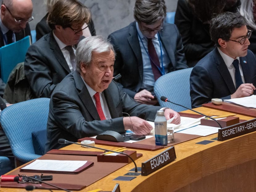 United Nations (UN) secretary-general Antonio Guterres speaks at a UN Security Council meeting on the Middle East, including the situation in Gaza and Israel, on Jan 23, 2024 in New York City.