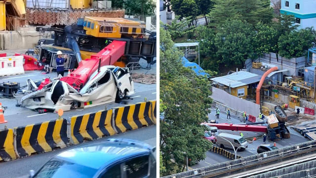 盛港工地起重机倒下压扁货车 一人送院