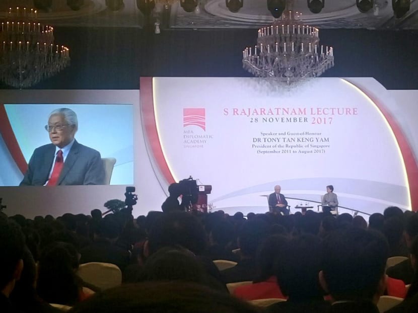 Dr Tony Tan Keng Yam delivering a speech at the annual S Rajaratnam lecture. The former President called on Singaporeans to be vigilant against fake news and “insidious information campaigns” mounted by parties including foreign countries that seek to manipulate and divide Singaporeans. Photo: Faris Mokhtar/TODAY