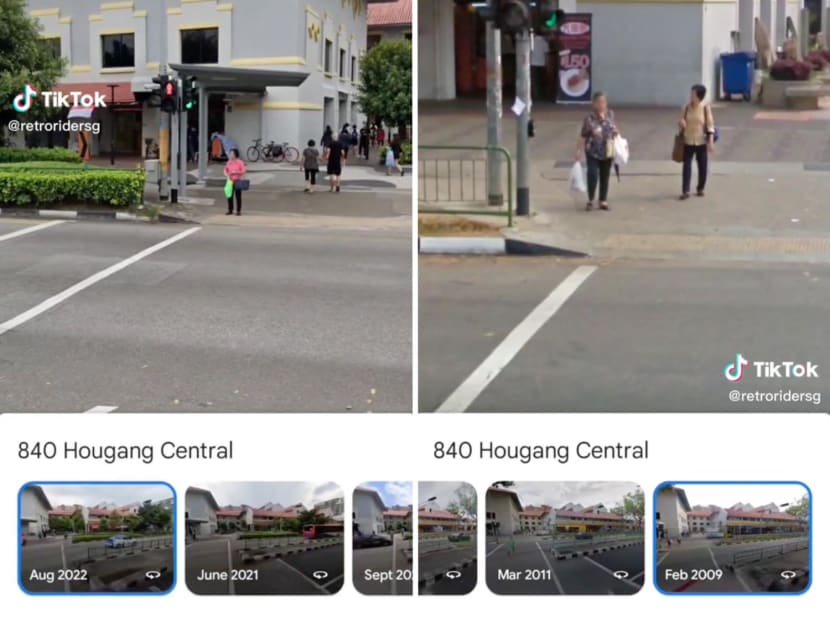 A TikTok user scrolls through Google Street View's archives for the same traffic crossing at 840 Hougang Central and finds one of his grandmother (woman on left in top right image) waiting at the crossing. A TikTok user scrolls through Google Street View's archives for the same traffic crossing at 840 Hougang Central and finds one of his grandmother (woman on left in top right image) waiting at the crossing.