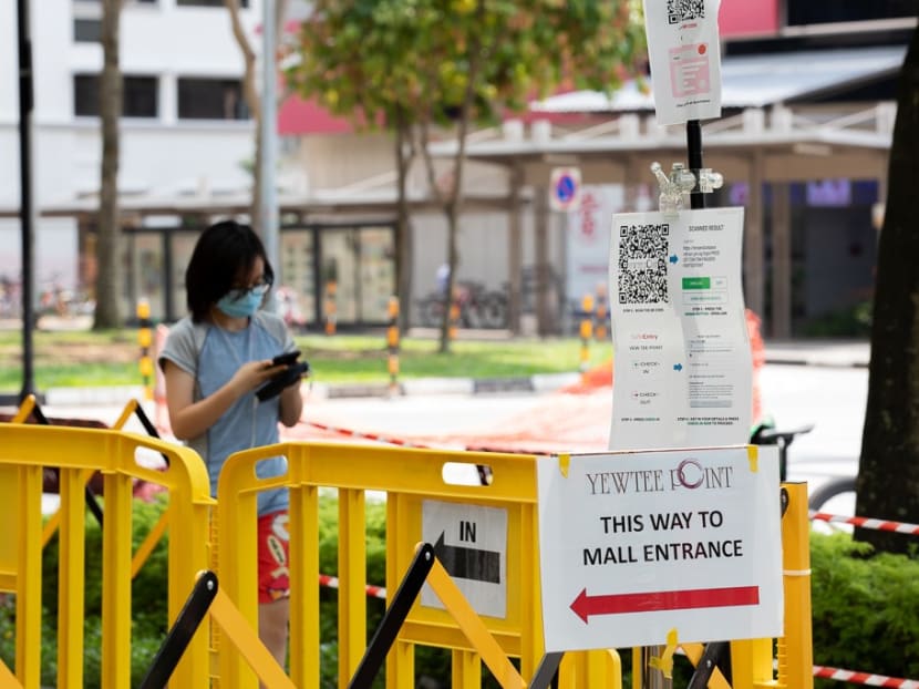 Barricades at the entrance of Yew Tee Point mall. Enterprise Singapore and the Singapore Tourism Board said that malls and shops will need to “gear up” to manage larger groups of people as more activities resume. Barricades at the entrance of Yew Tee Point mall. Enterprise Singapore and the Singapore Tourism Board said that malls and shops will need to “gear up” to manage larger groups of people as more activities resume.