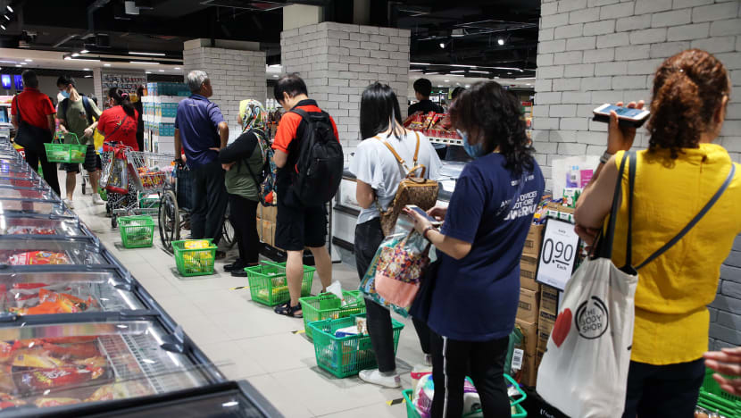 Long queues at supermarkets after announcement of ‘circuit breakers’ to contain Covid-19