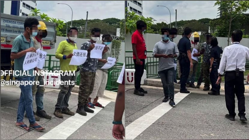 Police investigating after 9 workers protest outside Ang Mo Kio building over unpaid wages Police investigating after 9 workers protest outside Ang Mo Kio building over unpaid wages