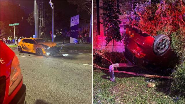福康宁连路车祸涉及三车 一车翻覆“插”树丛