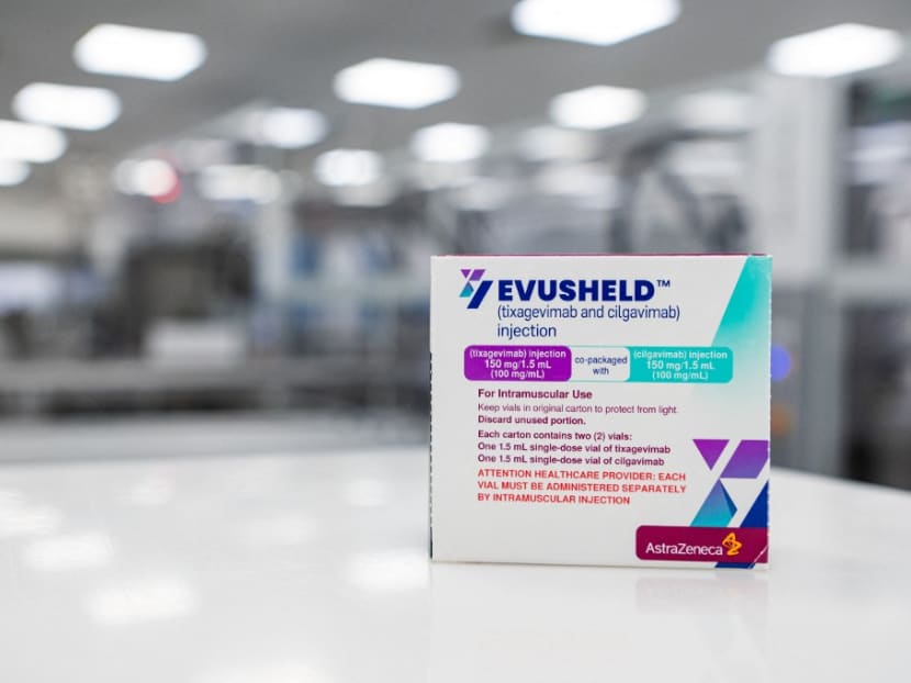 A photo taken on Feb 8, 2022 shows a box of Evusheld, a drug for antibody therapy developed by pharmaceutical company AstraZeneca for the prevention of Covid-19 in immunocompromised patients at the AstraZeneca facility for biological medicines in Södertälje, south of Stockholm, Sweden. A photo taken on Feb 8, 2022 shows a box of Evusheld, a drug for antibody therapy developed by pharmaceutical company AstraZeneca for the prevention of Covid-19 in immunocompromised patients at the AstraZeneca facility for biological medicines in Södertälje, south of Stockholm, Sweden.