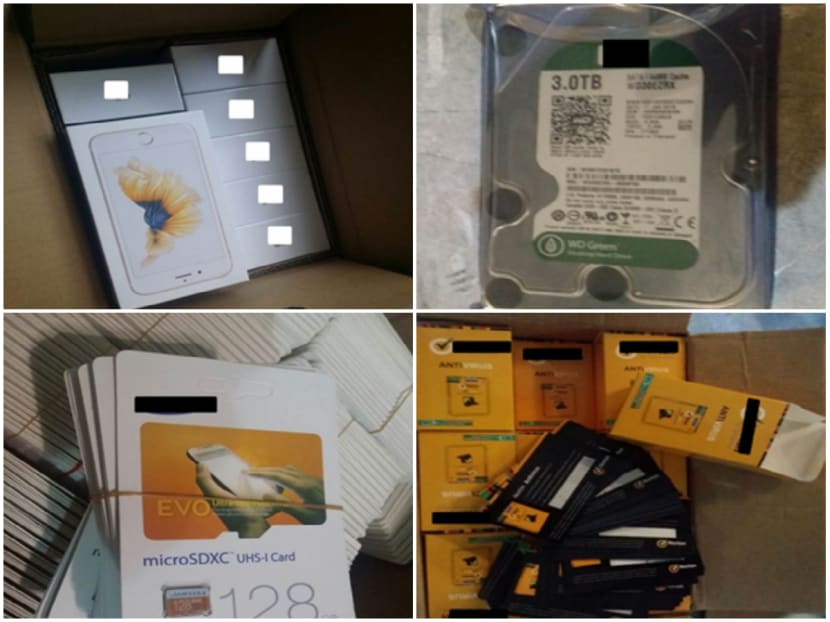 Trademark-infringing electronic goods that were seized. Photo: Singapore Police Force and Singapore Customs Trademark-infringing electronic goods that were seized. Photo: Singapore Police Force and Singapore Customs