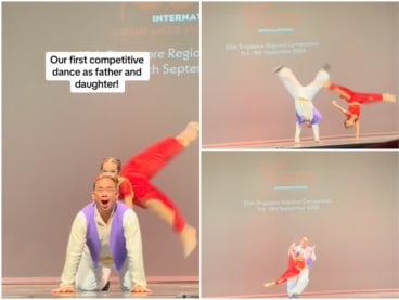 Screenshots from a video posted by Mr Jay Sng of him taking part in a dance competition with his daughter.