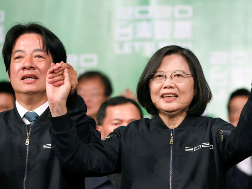 Incumbent Taiwan President Tsai Ing-wen and Vice President-elect William Lai attend a rally after their election victory, outside the Democratic Progressive Party (DPP) headquarters in Taipei on Jan 11, 2020.