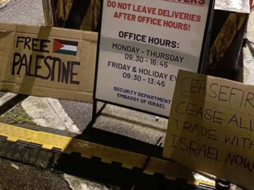 The woman was spotted allegedly placing placards at the entrance of the embassy and taking pictures before subsequently leaving, said the police.