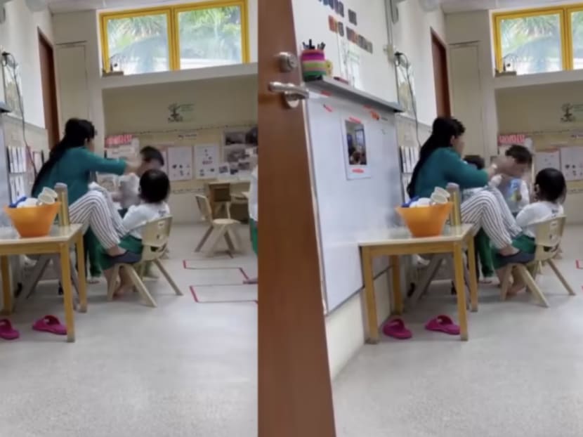 Screengrabs from a video showing a teacher hitting the head of a child purportedly at a Kinderland preschool, located at a shopping centre in Chua Chu Kang. Screengrabs from a video showing a teacher hitting the head of a child purportedly at a Kinderland preschool, located at a shopping centre in Chua Chu Kang.
