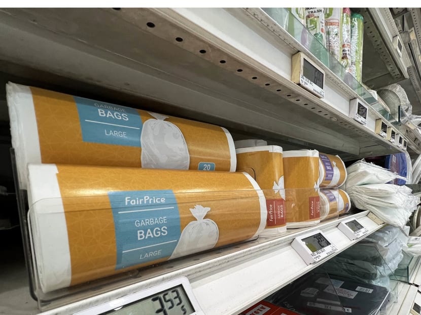 House brand garbage bags at a FairPrice outlet in Pasir Ris, June 28, 2023. House brand garbage bags at a FairPrice outlet in Pasir Ris, June 28, 2023.