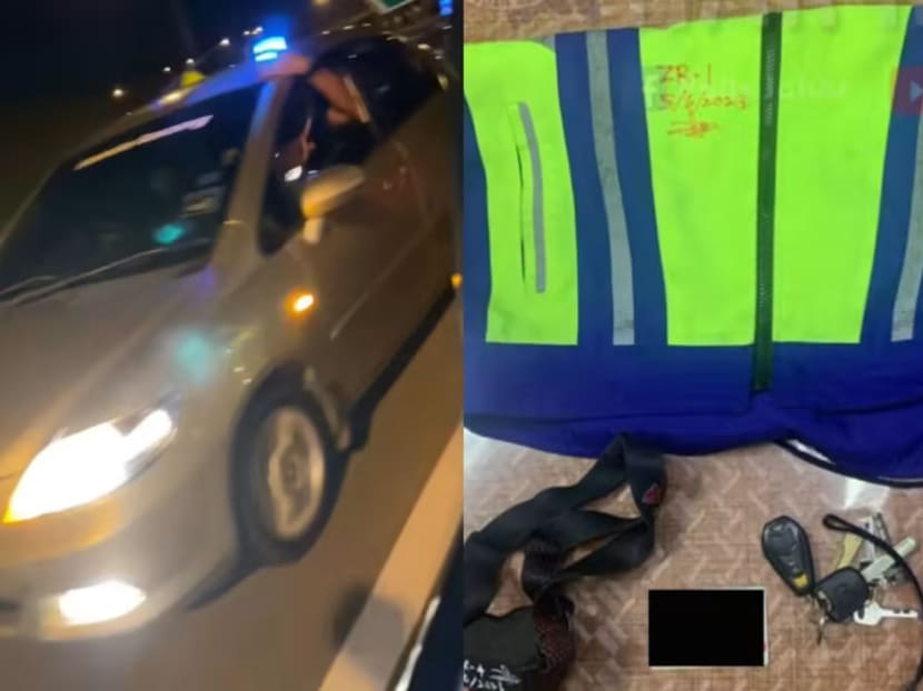 A screengrab of a man placing a flashing blue light on the top of a car roof and items seized during a police operation.