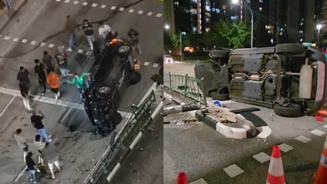 轿车翻覆榜鹅马路中央 多人试图砸玻璃救人