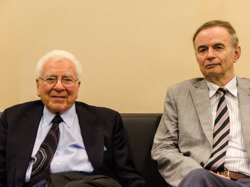 Father of quarks Professor Murray Gell-Mann (left) and Professor Harald Fritzsch. Photo: NTU