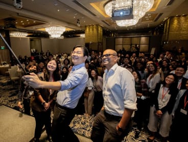 Front row, from left: Dr Teo Kay Key, Deputy Prime Minister Lawrence Wong and Dr Janil Puthucheary with participants at a dialogue organised by the Institute of Policy Studies on Sept 7, 2022.