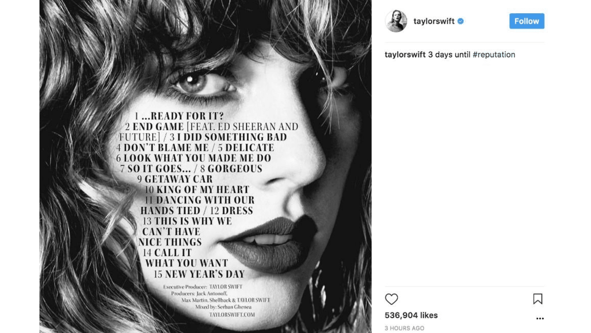 Taylor Swift reveals Reputation track list - 8days