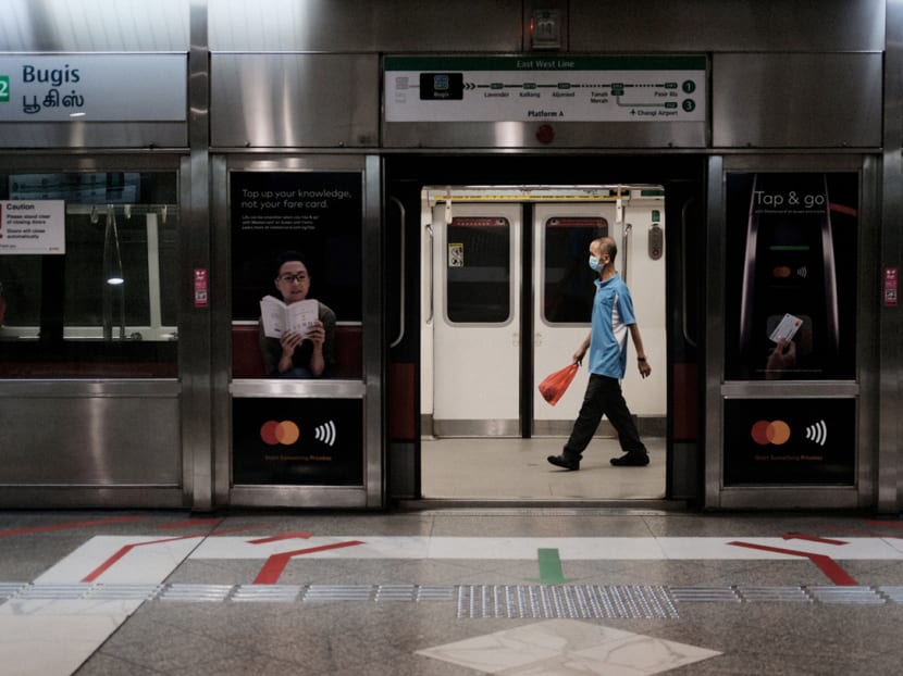A man in a train at Bugis MRT station on the first day of circuit-breaker measures on April 7, 2020.