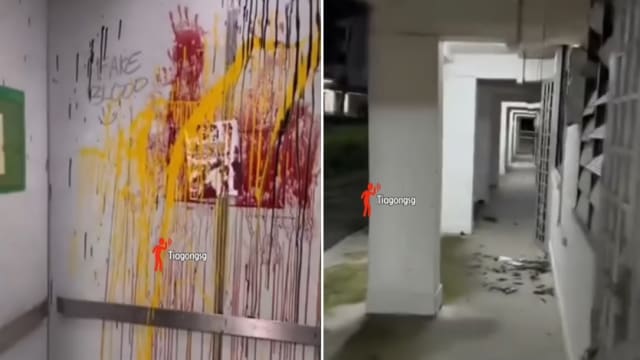 东陵福空组屋被恶作剧涂鸦 泼红漆留“血手印” 