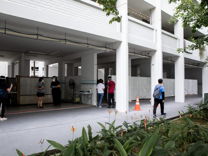 A makeshift Covid-19 swab test site at Block 506, Hougang Avenue 8, on May 21, 2021.