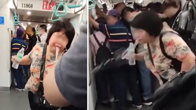  地铁内边喝水边吐水 妇女行为异常引网民热议
