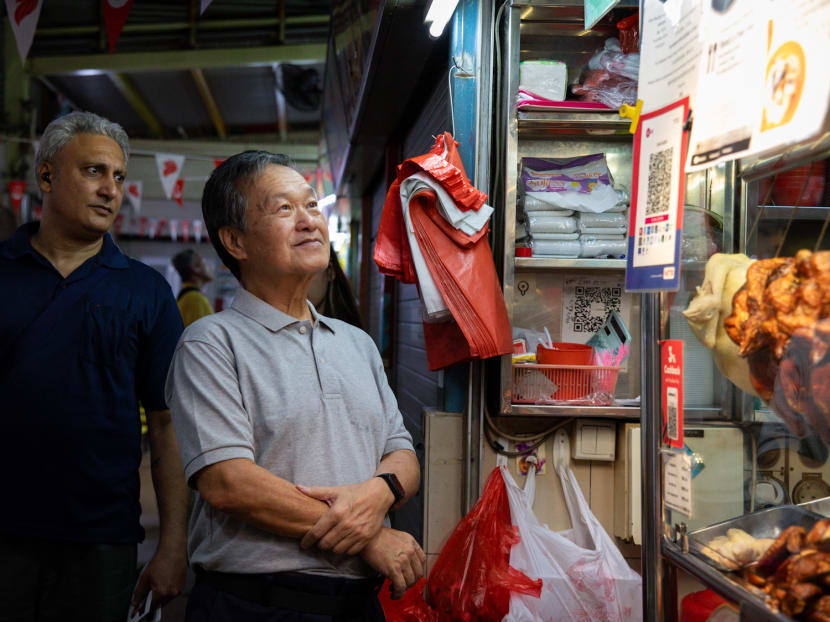 Mr Tan Kin Lian pictured during a walkabout at West Coast Food Centre on Aug 21, 2023.
