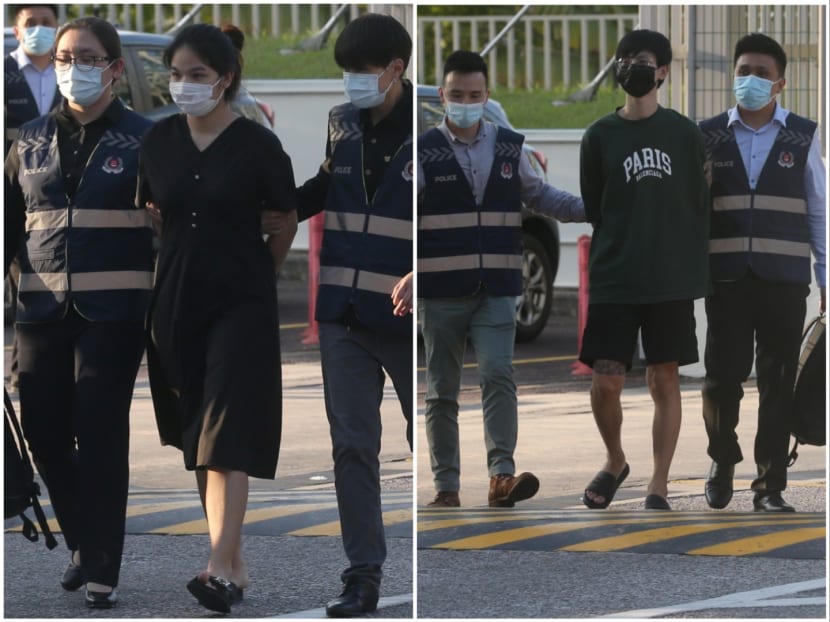 Pansuk Siriwipa (centre in left photo) and Pi Jiapeng (centre in right photo) when they were being arrested at the Woodlands Checkpoint in Singapore in August 2022.