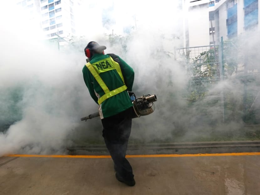 A NEA worker conducts thermal fogging during a demonstration at the Paya Lebar Way area on vector control operations and inspection of premises to check for mosquito breeding at the Paya Lebar Way area on Sept 1, 2016. Photo: Nuria Ling A NEA worker conducts thermal fogging during a demonstration at the Paya Lebar Way area on vector control operations and inspection of premises to check for mosquito breeding at the Paya Lebar Way area on Sept 1, 2016. Photo: Nuria Ling