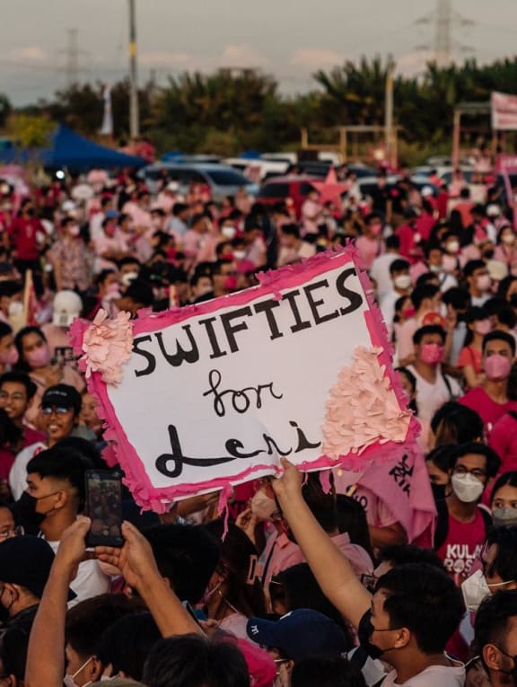 “Swifties for Leni,” young people who have combined their shared interest in Taylor Swift with getting out the vote, at a rally for Leni Robredo, the vice-president of the Philippines who is running for president, in Pampanga, on April 9, 2022.