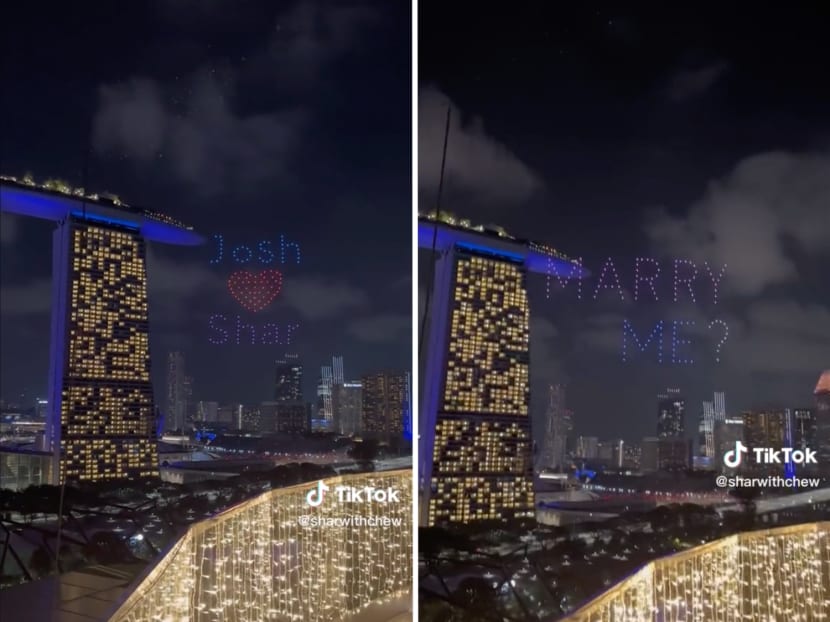 An elaborate wedding proposal that included a drone light show near Marina Bay Sand (pictured) went viral on TikTok. An elaborate wedding proposal that included a drone light show near Marina Bay Sand (pictured) went viral on TikTok.