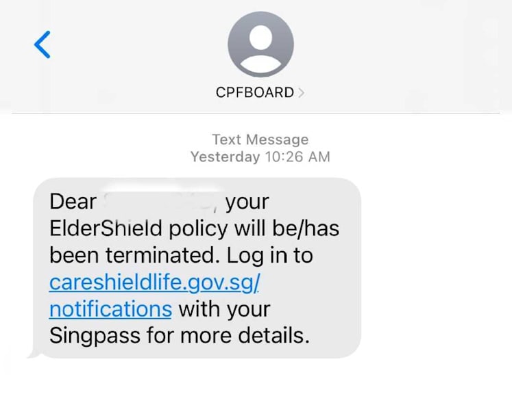 SMS about termination of members' ElderShield policy is legitimate, says CPF