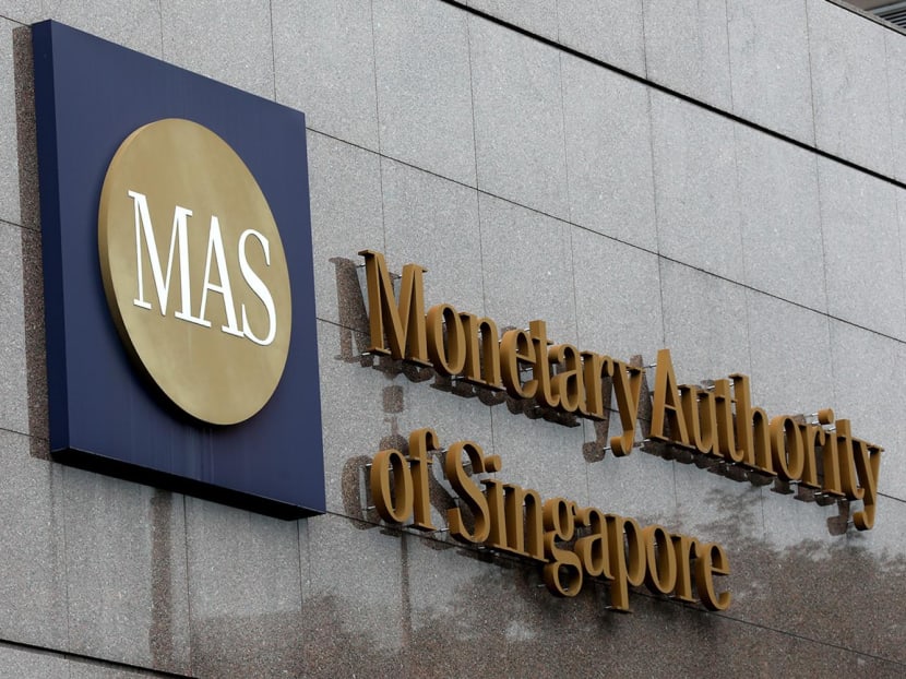 A signage outside the Monetary Authority of Singapore building along Shenton Way.