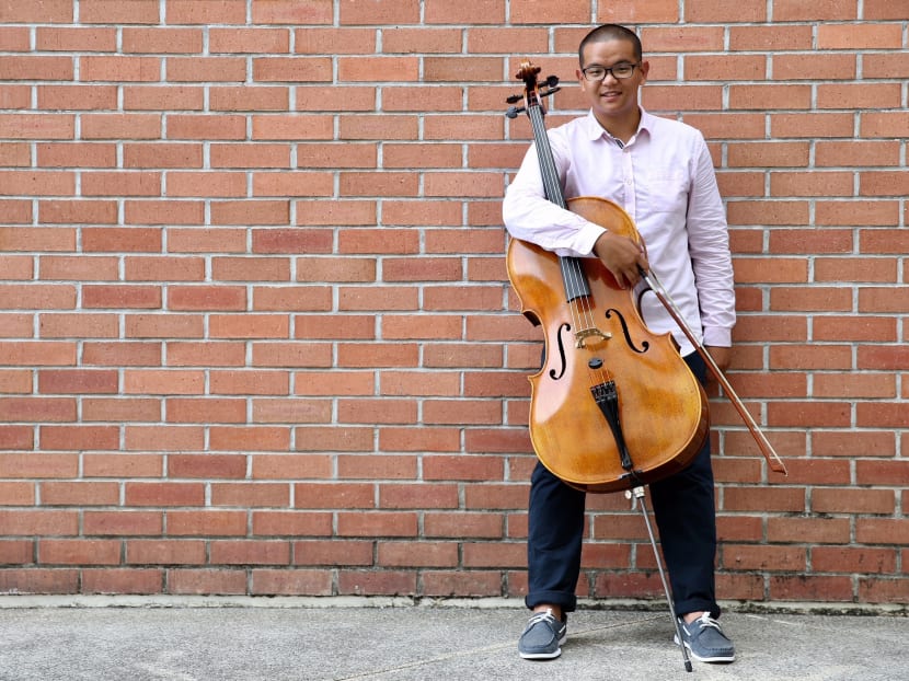 Temasek Junior College student Tan Yan Chong, who collected his GCE A-Level results on Friday (Feb 23), plays close to ten musical instrument, including the cello. Photo: Koh Mui Fong/TODAY