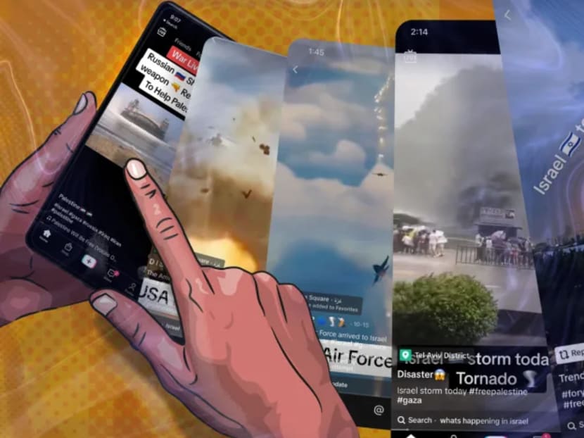 A TikTok user scrolling through videos on the Israel-Hamas war. (Illustration: CNA/Rafa Estrada)