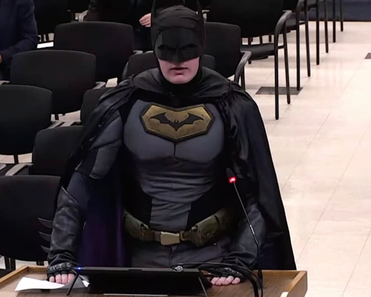 Man dressed as Batman urges city officials in California to block ICE role at upcoming Super Bowl