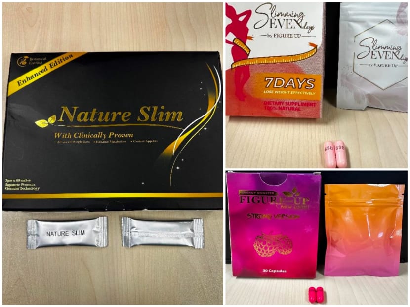 Weight-loss products tested by the Health Sciences Authority. Clockwise from left: Nature Slim, Slimming Seven Days by Figure Up, and Energy Booster Figure-Up New Look Strong Version. Weight-loss products tested by the Health Sciences Authority. Clockwise from left: Nature Slim, Slimming Seven Days by Figure Up, and Energy Booster Figure-Up New Look Strong Version.