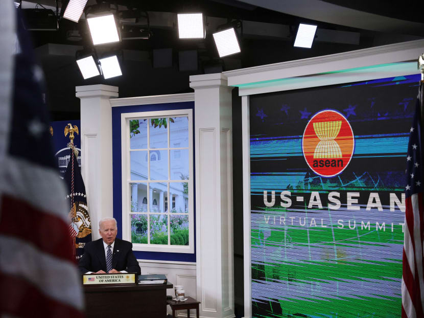 US President Joe Biden delivers remarks during the annual US-ASEAN Summit on Oct 26, 2021. 