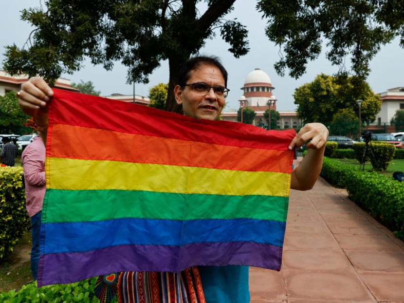 A writer and member of the lesbian, gay, bisexual and transgender community (LGBT community) holds the pride flag while waiting to hear the judgement on same-sex marriage by the Supreme Court in New Delhi, India, October 17, 2023.
A writer and member of the lesbian, gay, bisexual and transgender community (LGBT community) holds the pride flag while waiting to hear the judgement on same-sex marriage by the Supreme Court in New Delhi, India, October 17, 2023.
