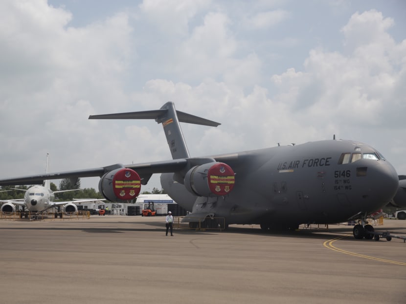 United States Air Force's Boeing C-17 Globemaster III at the Singapore Airshow. With over 170 exhibitors, US is sending its largest delegation to the event and the high-level representation underscores America's deep commitment to the region. Photo: Najeer Yusof/TODAY