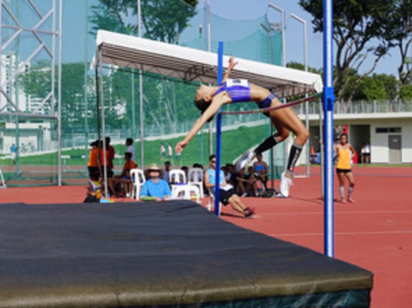 National high jumper Michelle Sng in action at the Singapore Athletics Track and Field Series 1 at Kallang Practice Track. Photo; Shamsul, Singapore Athletics