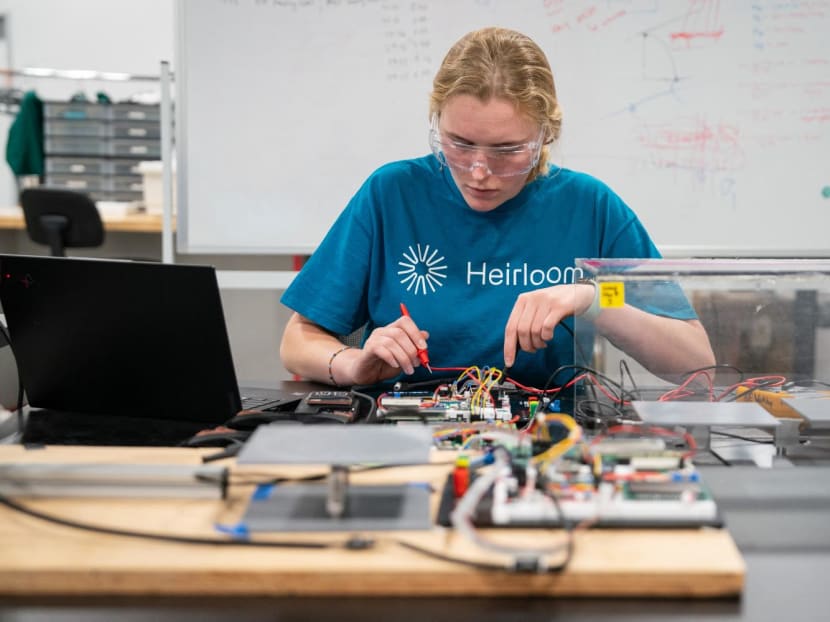 Research scientist Emily Hagood troubleshoots instrumentation for measuring carbon dioxide removal from the atmosphere inside the laboratory at Heirloom Carbon on Sept 21, 2023 in Brisbane, California. Research scientist Emily Hagood troubleshoots instrumentation for measuring carbon dioxide removal from the atmosphere inside the laboratory at Heirloom Carbon on Sept 21, 2023 in Brisbane, California.