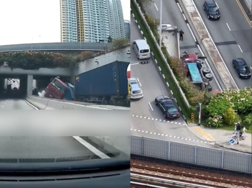 A screengrab from a video clip showing the moment the truck tipped over (left) along Clementi Avenue 6 and the aftermath of the accident (right).