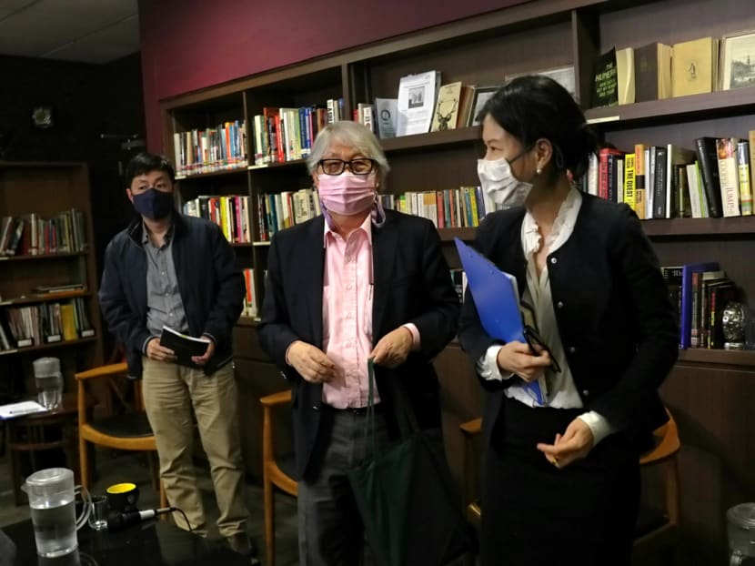Associate Professor Kelvin Pang, Professor Tommy Koh and Associate Professor Leong Ching at a media briefing on Oct 23 on the sexual misconduct case involving Dr Jeremy Fernando.