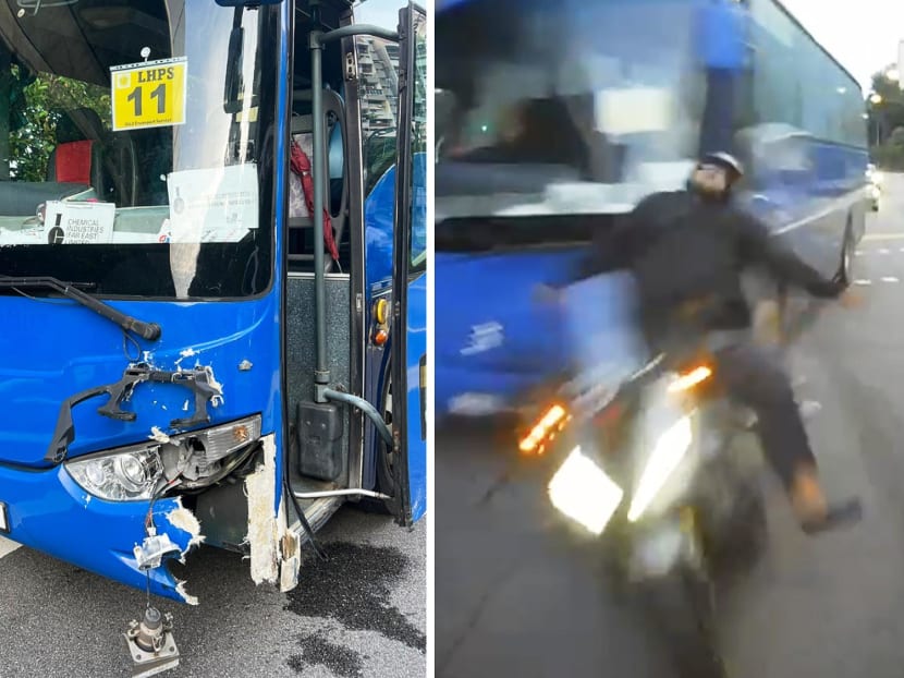 Screenshots from a video showing a collision between a bus and motorcyclist at the junction of Clementi Avenue 6 and Commonwealth Avenue West. Screenshots from a video showing a collision between a bus and motorcyclist at the junction of Clementi Avenue 6 and Commonwealth Avenue West.