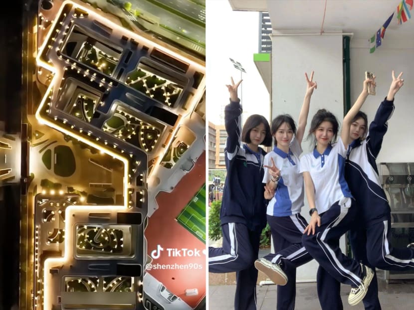 Screenshots from TikTok videos of a high-tech school campus (left) in the city of Shenzhen in China and the looks of its popular school uniform (right). Screenshots from TikTok videos of a high-tech school campus (left) in the city of Shenzhen in China and the looks of its popular school uniform (right).