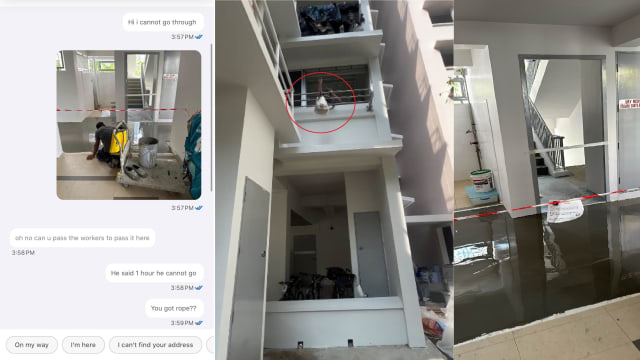 遇水泥地跨不过 送餐员把外卖吊上楼