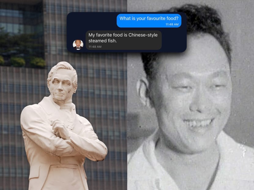 A statue of Stamford Raffles (left) and an old photograph of Lee Kuan Yew (right).
A statue of Stamford Raffles (left) and an old photograph of Lee Kuan Yew (right).