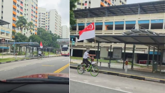 最爱国的共享脚踏车骑士？大叔边骑行边高举国旗迎国庆